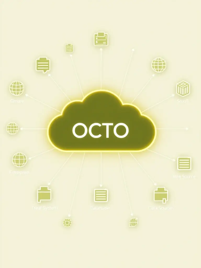 An image showcasing OCTO's integration capabilities, with icons representing various enterprise systems and data sources.